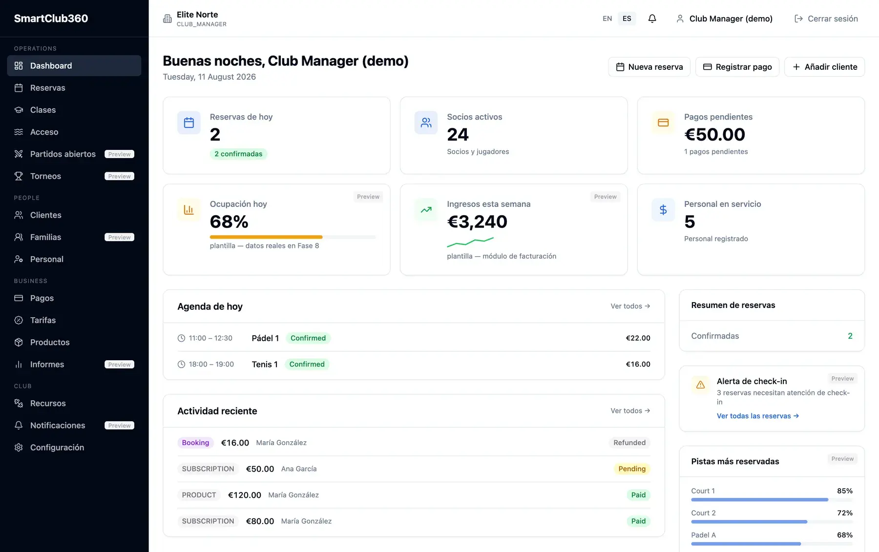 SmartClub360 admin dashboard